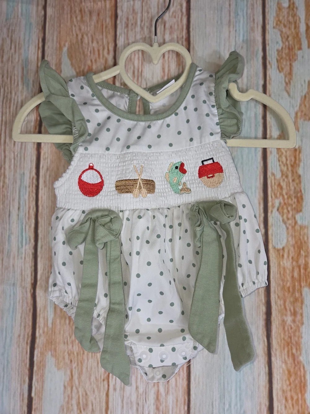 Fishing. Polka Dot Smocked Baby Romper in Sage/White. 100% Poly. Size 0-3 months